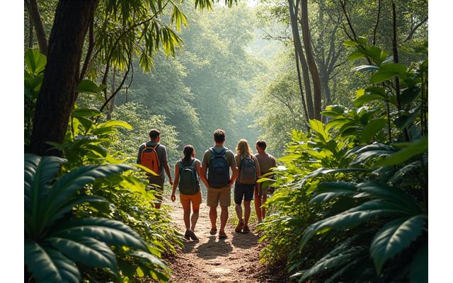Small group walking through a lush, dense Australian rainforest.