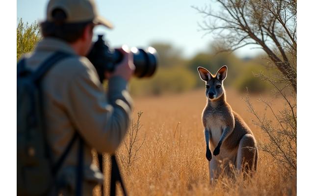 Wildlife photographer capturing a kangaroo in the Australian outback.